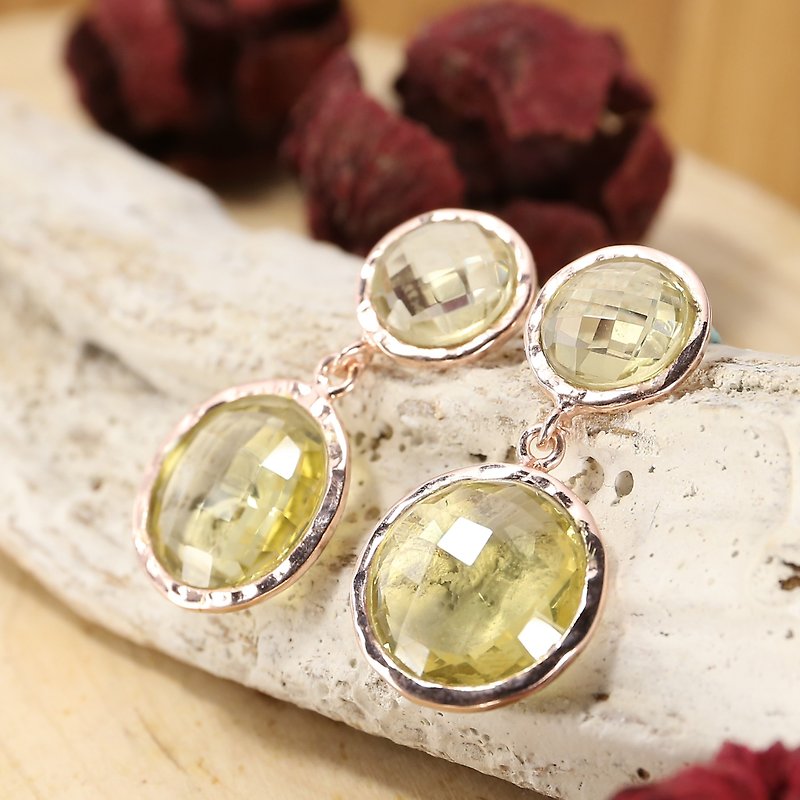 Round Rose Cut Lemon Quartz 18K Rose Gold Plated Silver Earring - Earrings & Clip-ons - Gemstone Yellow
