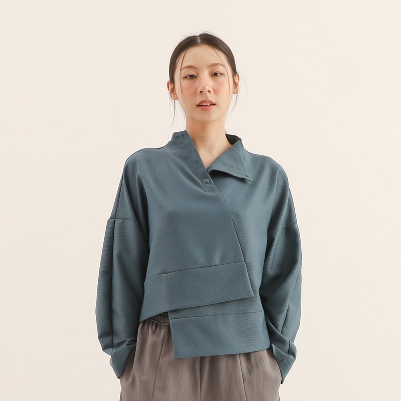 【クラシックオリジナル】Jiaozhi_交織フレアシャツ_CLT513_天青 - トップス - ポリエステル ブルー