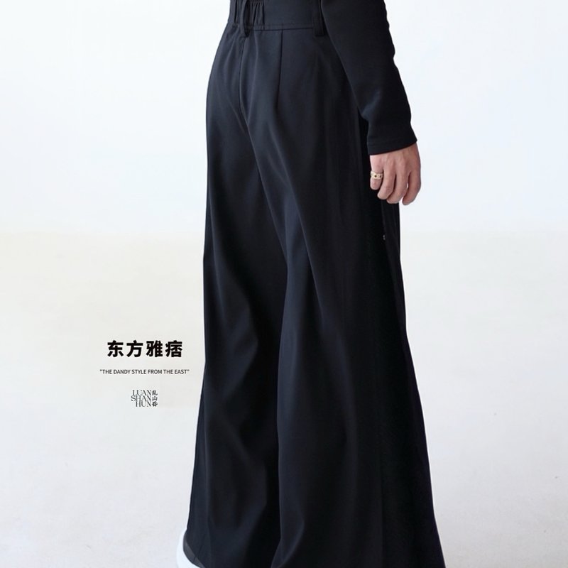 Luanshanhundongfangyupi new Chinese style national style original black side cloud pattern wide-leg pants daily commuting autumn and winter - Men's Pants - Other Materials Black