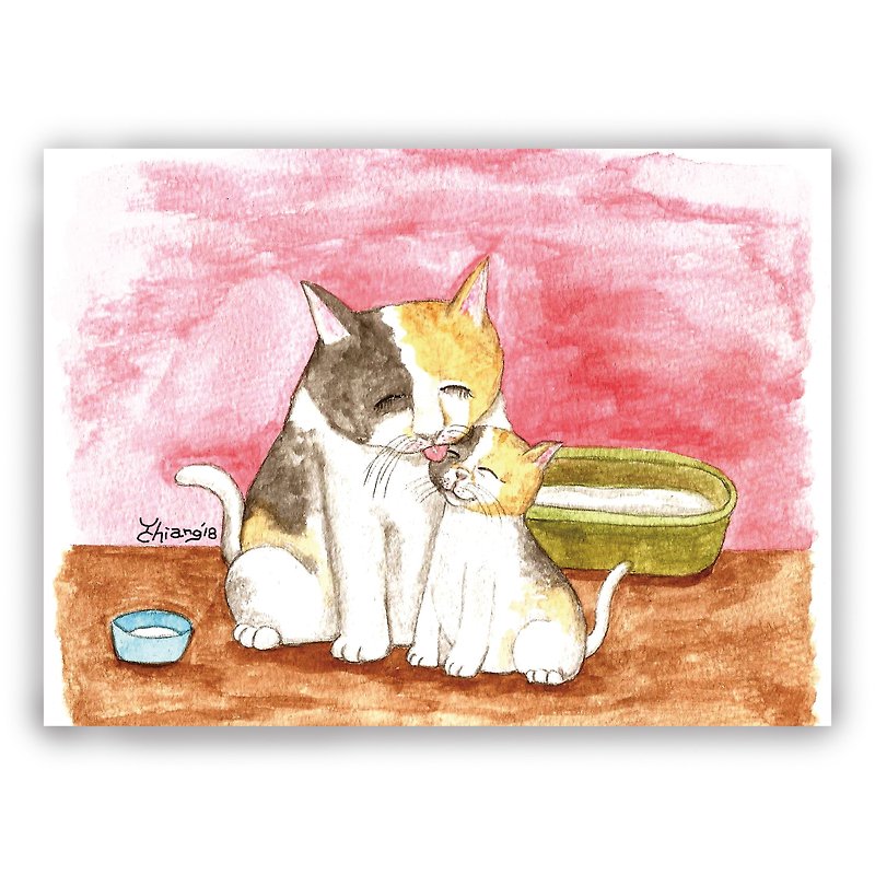母の日-手描きイラストユニバーサルカード/ポストカード/カード/イラストカード-母と娘の猫 - カード・はがき - 紙 
