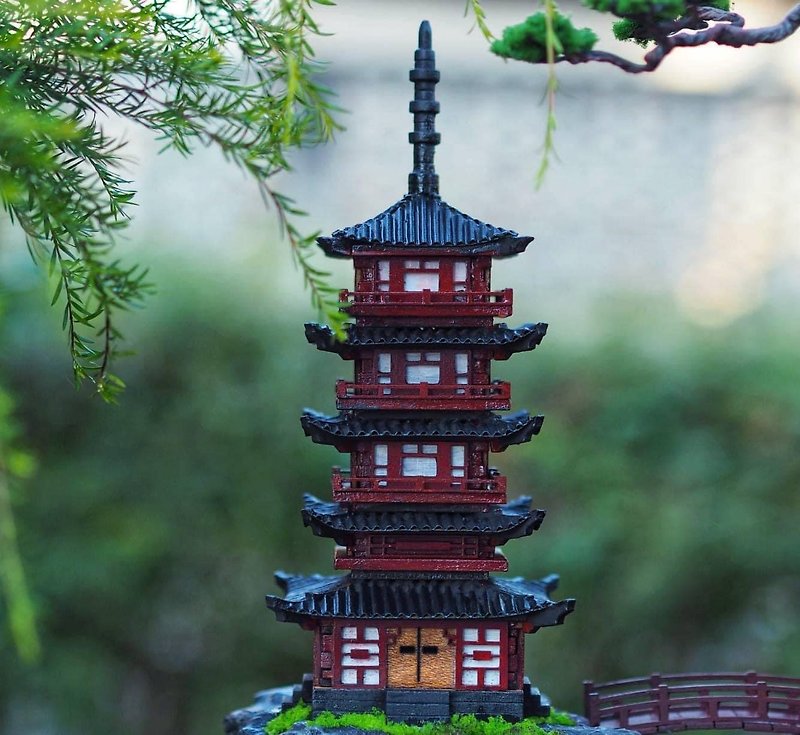 Japanese pavilion model scale model for diorama or home and garden decoration - 擺飾/家飾品 - 木頭 紅色