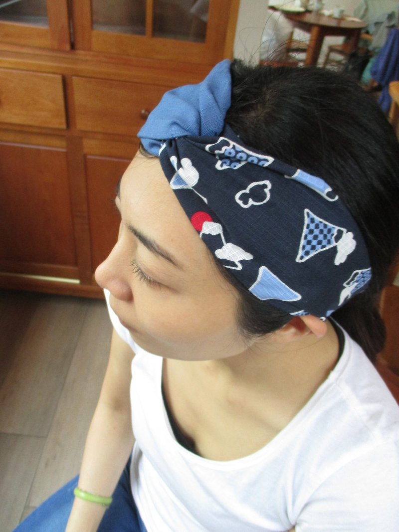 交叉髮帶(鬆緊手工)-日系雙色/富士山 - 髮飾 - 棉．麻 藍色