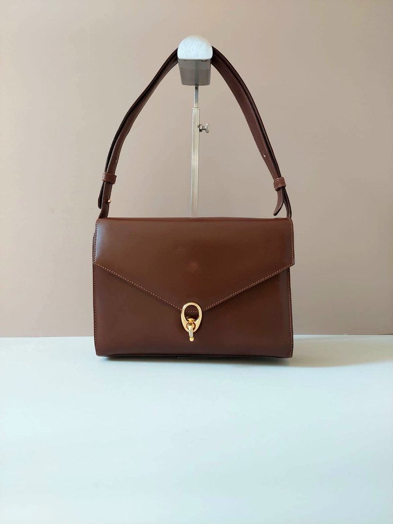 Rare second-hand Celine brown gold ring buckle leather envelope shoulder side armpit bag handbag - กระเป๋าแมสเซนเจอร์ - หนังแท้ สีนำ้ตาล