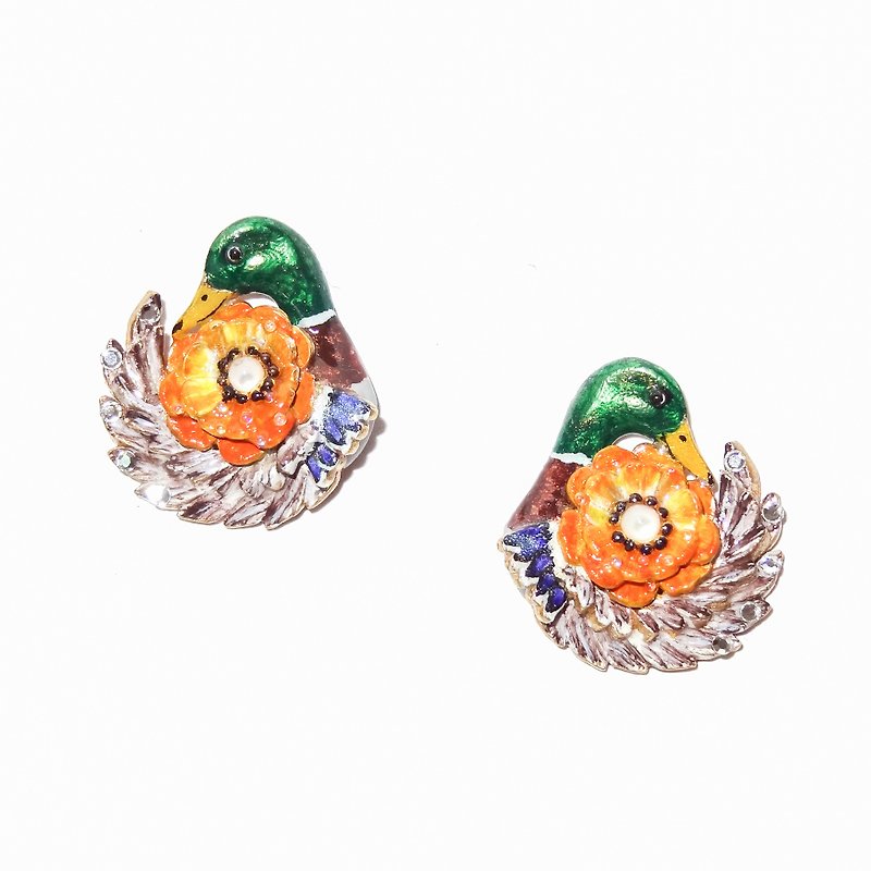 Enamel series enamel mallard flower earrings pre-order handmade jewelry - Earrings & Clip-ons - Enamel 