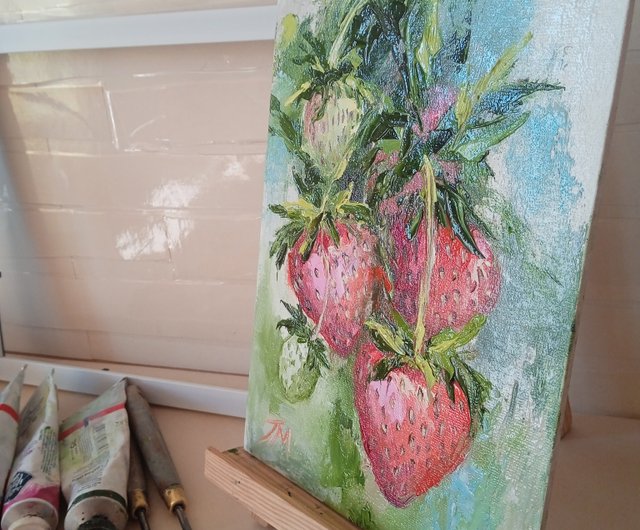 イチゴの絵オリジナル油絵フルーツ壁アート油彩キャンバス 6*8