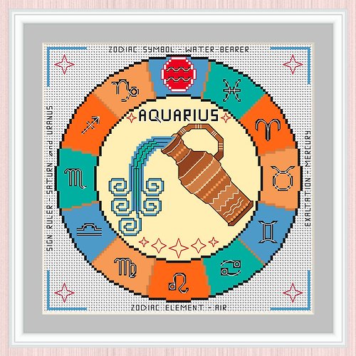 LarisaStitch Aquarius Cross Stitch Pattern | Aquarius Zodiac Sign | Sign Of Aquarius | 十字繡圖案