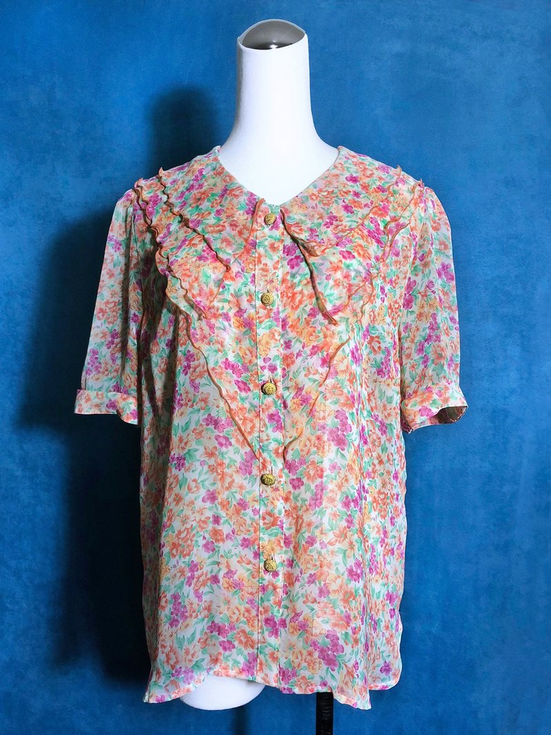 雙層領花朵雪紡短袖古著襯衫/ 國外帶回 VINTAGE - 女襯衫 - 聚酯纖維 多色