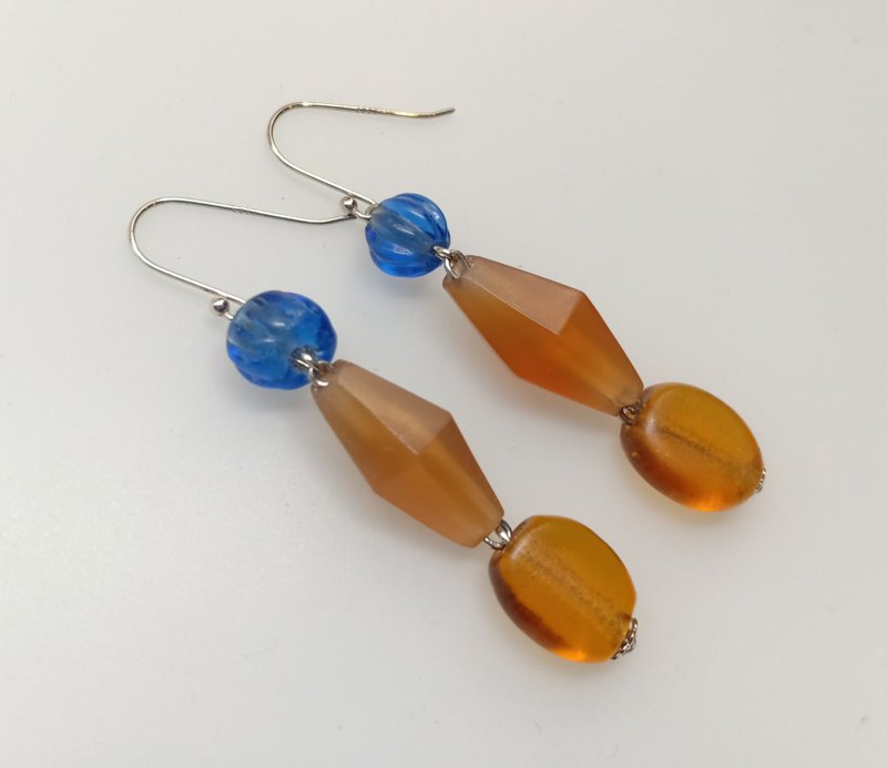 #SD-108 Old glass drop earrings - ต่างหู - กระจกลาย สีส้ม