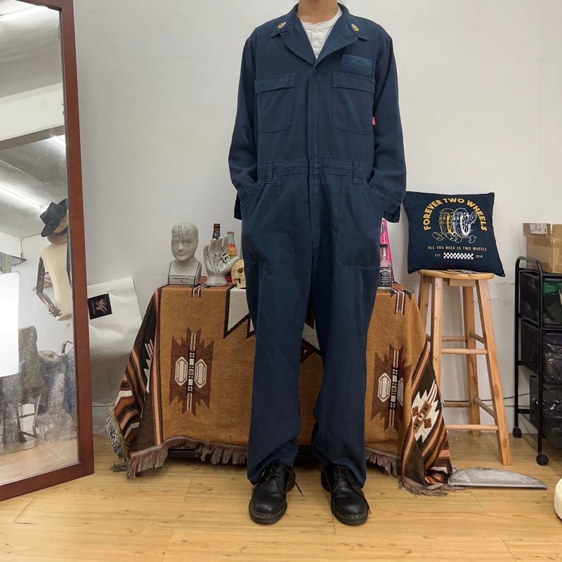 US military public issue navy overalls work pants second-hand vintage dark blue embroidery 44r - กางเกงขายาว - ผ้าฝ้าย/ผ้าลินิน สีน้ำเงิน