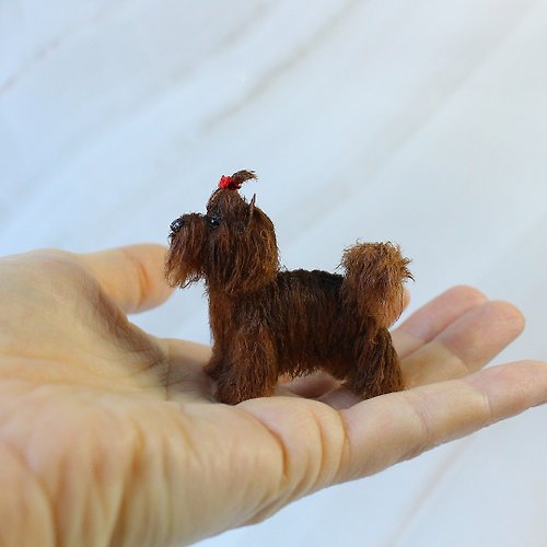 Woof Wolf Chocolate Yorkshire Terrier. Mini realistic stuffed toy. Dollhouse miniature dog