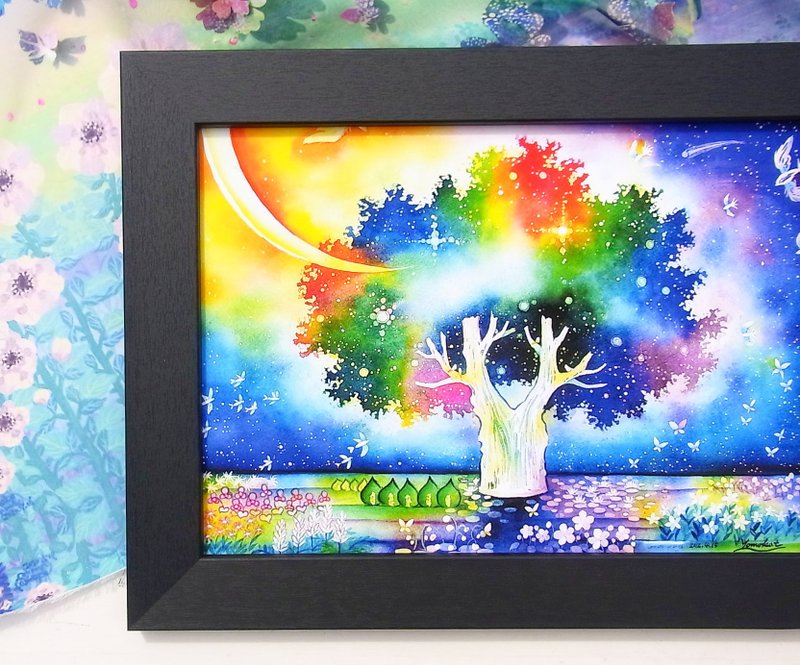 【水の庭】水彩画　アートプリント　インテリア小物　おしゃれリビング　月夜　海　花畑　三日月　星空　ブルー　藍　男性の贈り物　新築祝い　夜空　幻想的 - 海報/掛畫/掛布 - 紙 藍色