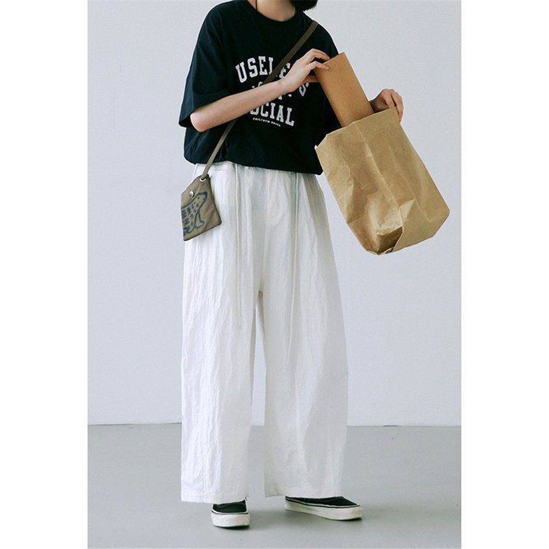 White 2 colors special texture elastic waist versatile wide-leg wide pants three-dimensional tailoring slim straight trousers - Women's Pants - Cotton & Hemp White