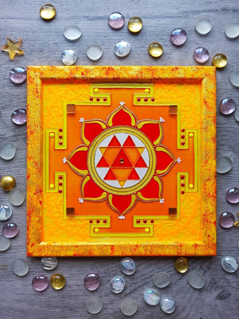 手绘Durga Yantra吠陀占星术冥想瑜伽Joytish Vastu Tantra - 壁貼/牆壁裝飾 - 玻璃 黃色
