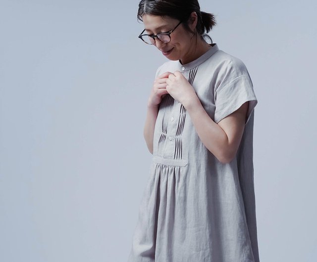 wafu【リネンワンピース 】波ピンタックスタンドカラードレス