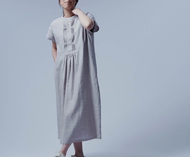 wafu【リネンワンピース 】波ピンタックスタンドカラードレス