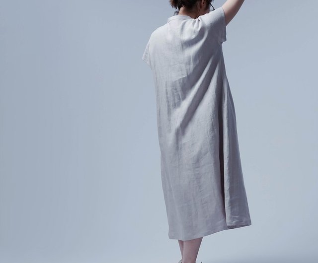 wafu【リネンワンピース 】波ピンタックスタンドカラードレス