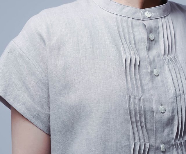 wafu【リネンワンピース 】波ピンタックスタンドカラードレス