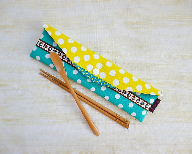 Yellow and green dots, longer and larger version, environmentally friendly tableware bag, chopsticks cover, straw bag - Other - Cotton & Hemp Green