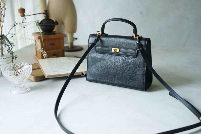 Treasure Hunt Retro Antique Bag-Personalized Black FUSAE.K Genuine Leather Shoulder Carry Two-Purpose Hard Shell Kelly Square Bag - กระเป๋าแมสเซนเจอร์ - หนังแท้ สีดำ