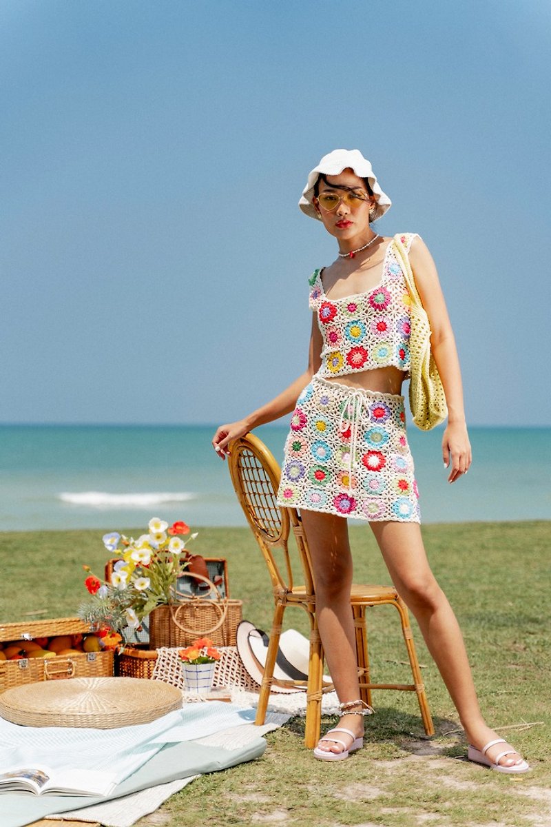 Colourful Floral crochet crop top shirt&Skirt - Women's Tops - Cotton & Hemp Multicolor