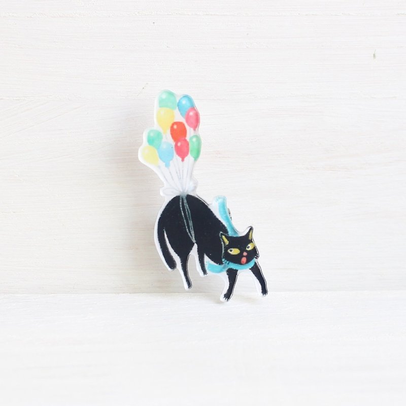Black Cat with balloons badge I Cat Lover - เข็มกลัด/พิน - อะคริลิค สีดำ