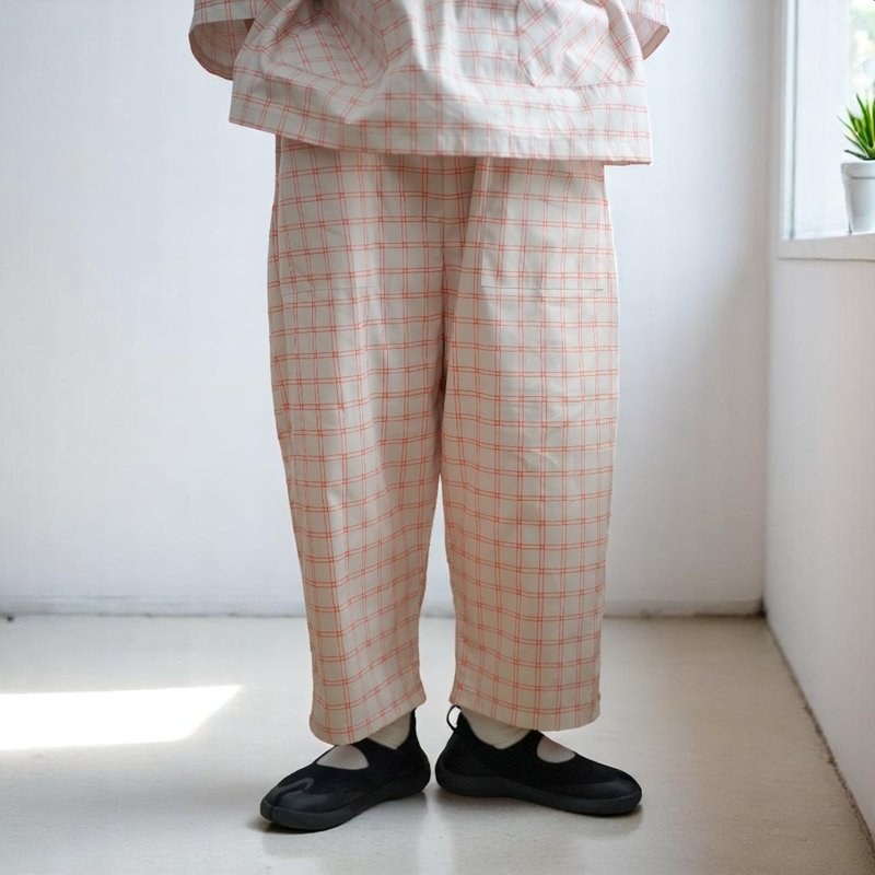 橘子鬆餅格紋有機棉寬褲 - 女長褲 - 棉．麻 白色
