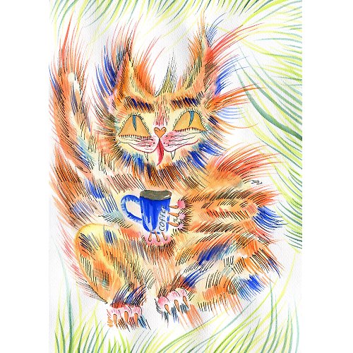 Onik Art 貓畫。原畫。原創水彩畫。紅貓。咖啡藝術