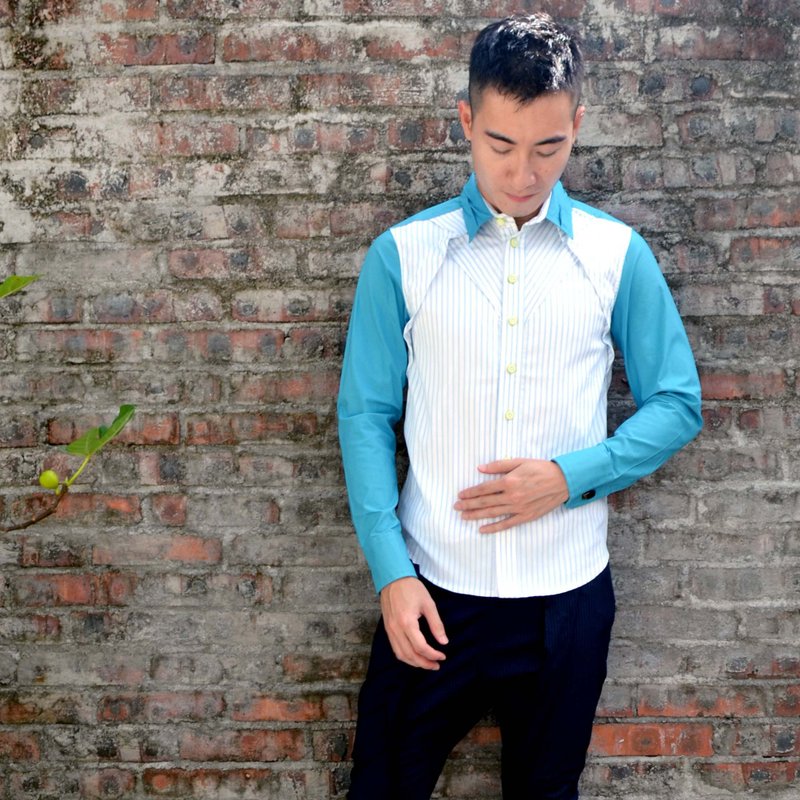 TIMBEE LO Blue & White Stripe with Lake Blue Long-Sleeve Shirt: Sculptural, Uninterrupted Front Cut - Men's Shirts - Cotton & Hemp Blue