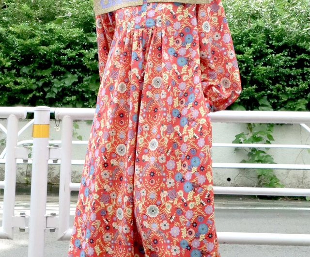 Botanical Pattern Key Neck Volume Long Dress - Shop moyan-ecri One