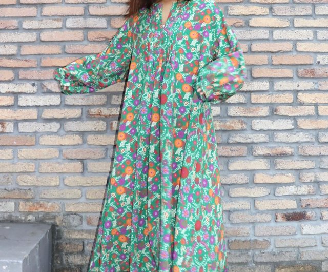 Botanical Pattern Key Neck Volume Long Dress - Shop moyan-ecri One