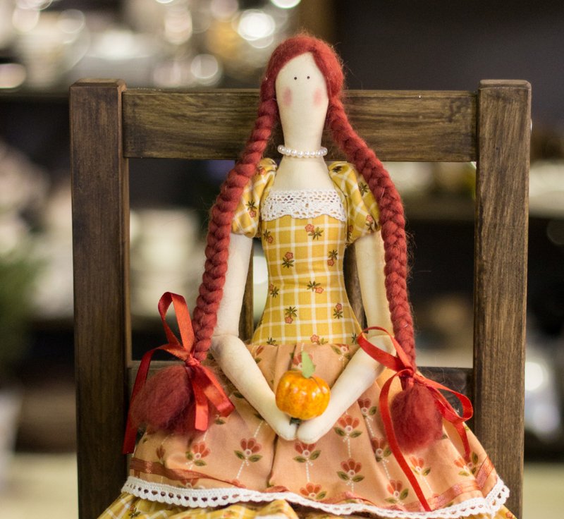 Tilda Doll with Pumpkin, Country Style Doll - ตุ๊กตา - ผ้าฝ้าย/ผ้าลินิน สีนำ้ตาล