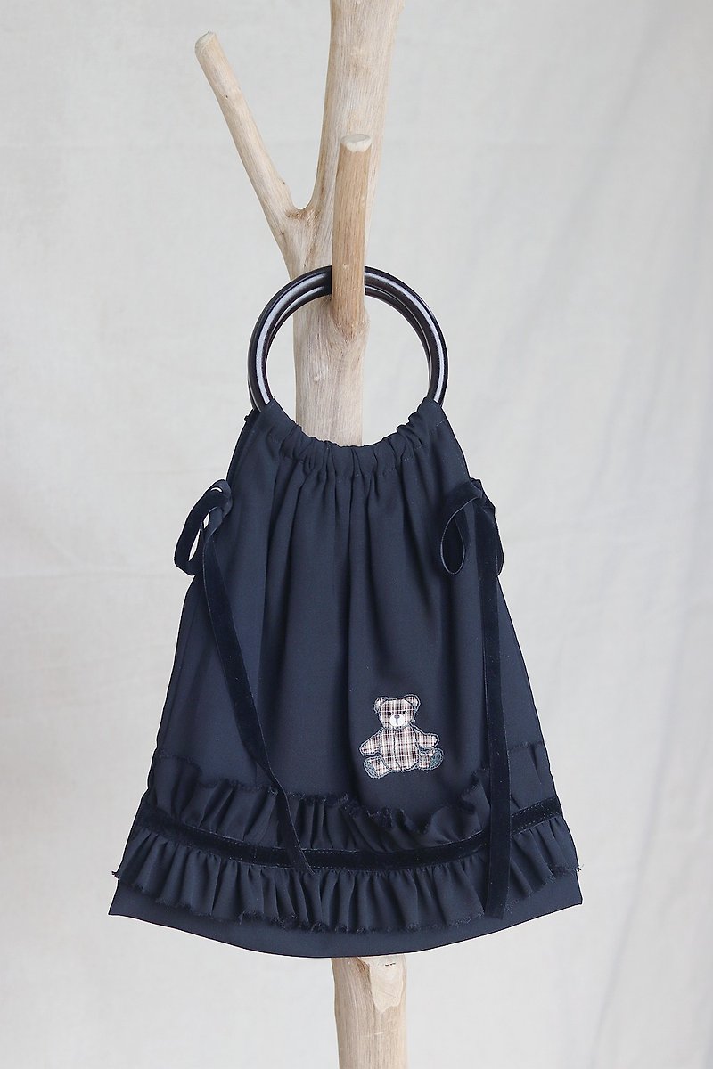 かわいいクマの黒の木製ハンドル布バッグ - トート・ハンドバッグ - その他の素材 ブラック