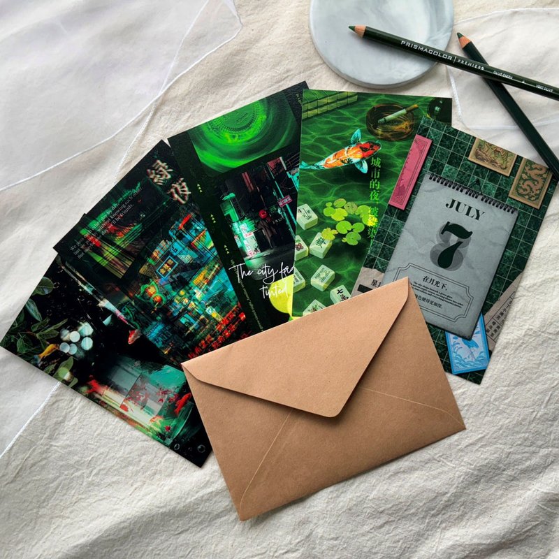 Green Night post card set - 卡片/明信片 - 紙 綠色
