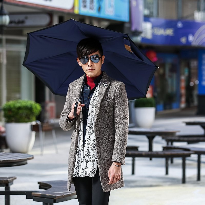 【Carry Umbrella】菱格紋雙層反向傘(深海藍/21吋) - 雨傘/雨衣 - 防水材質 藍色