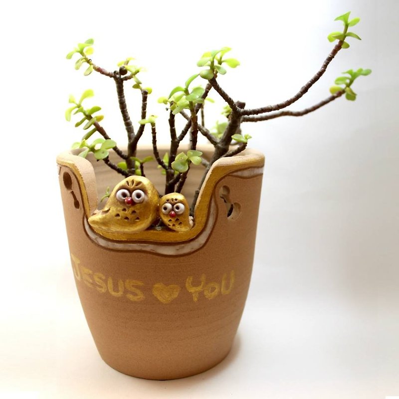 Yoshino Eagle │ [Evangelion] owl hand-made pottery Succulents cute gospel gift - Plants - Pottery Gold