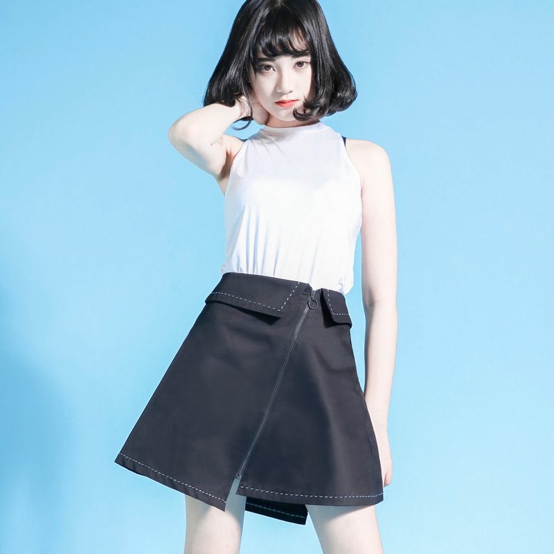 SU: MI said Proton proton mark line skirt _6SF203_ black - กระโปรง - ผ้าฝ้าย/ผ้าลินิน สีดำ