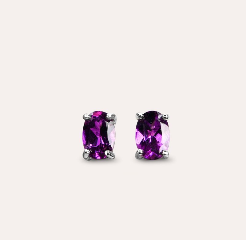 AND rose Stone purple oval 4*6mm earrings classic series Oval E natural Gemstone - Earrings & Clip-ons - Silver Purple