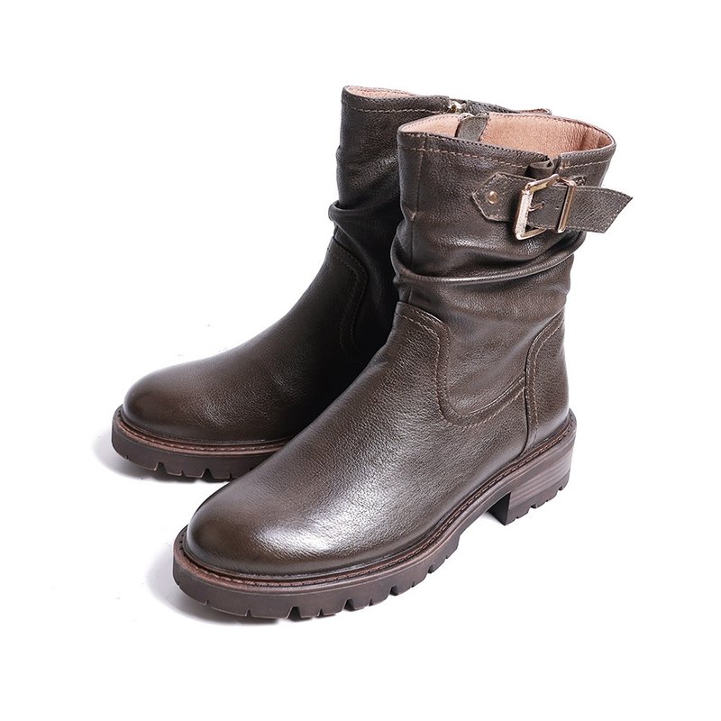 個性仿舊質感真皮釦環短靴墨綠色 - 女短靴/中筒靴 - 真皮 綠色