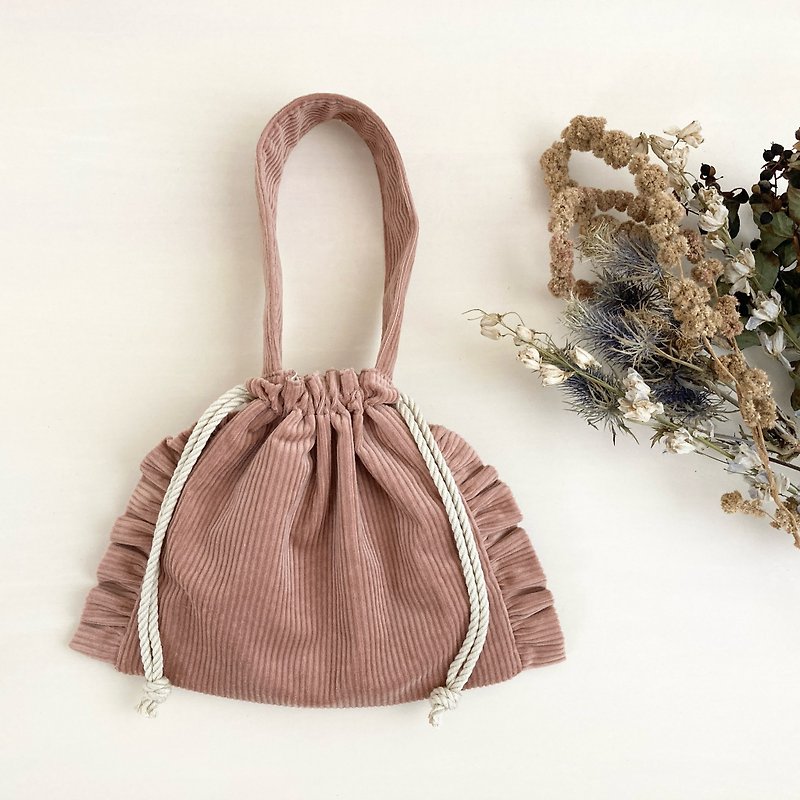 Round ruffle corduroy one-handle drawstring mini bag cocoa pink - Handbags & Totes - Other Materials Pink