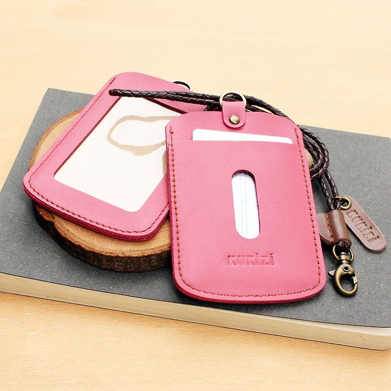 ID case/ Key card case/ Card case - ID 1 -- Pink + Dark Brown Lanyard - ID & Badge Holders - Genuine Leather 