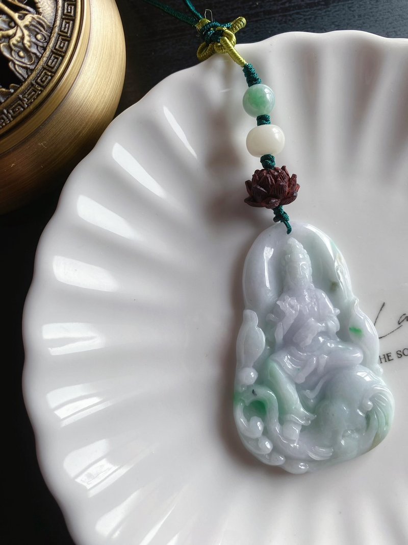 天然緬甸玉翡翠 普賢菩薩 智慧 龍 蛇 守護神 玉牌 禮物 包掛 - 吊飾/掛飾 - 玉石 綠色