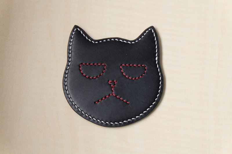 Black leather cat coaster Italian vegetable tanned leather - Coasters - Genuine Leather Black