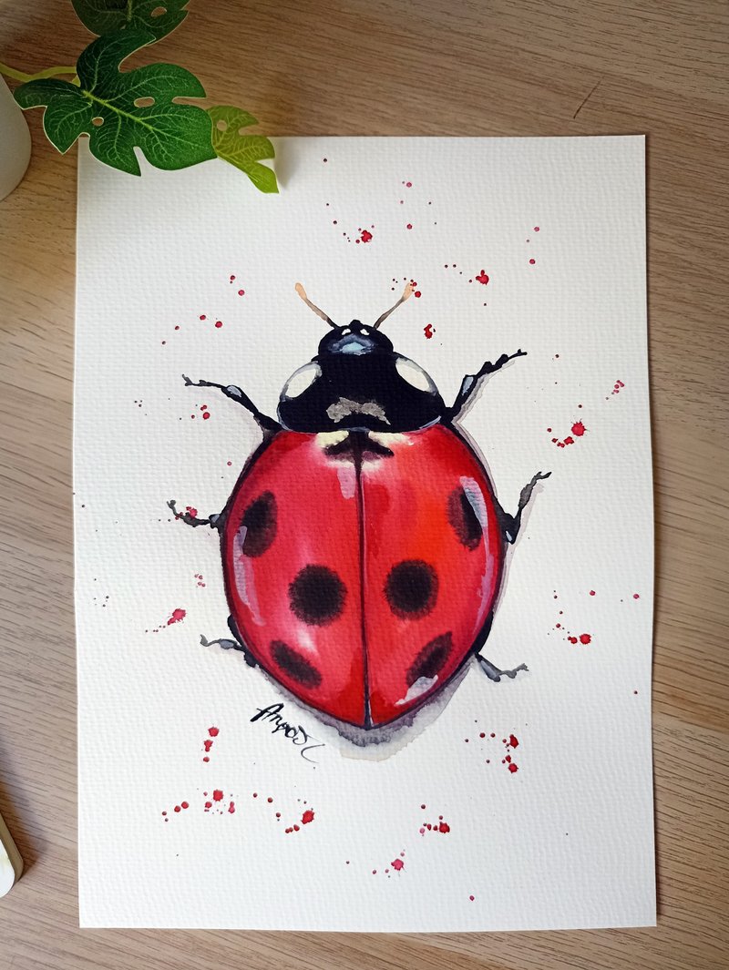 Watercolor original ladybug insect art room decor painting by Anne Gorywine - ตกแต่งผนัง - กระดาษ สีน้ำเงิน