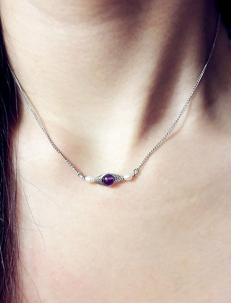 アメジスト真珠のネックレス◎薄型手巻きステンレススチールチェーン - ネックレス - 宝石 