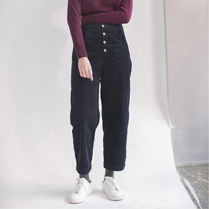 ファンタタvitatha独立したデザインの女性のブランド|ダークブルーレトロビンテージハイウエストの綿のコーデュロイストレートジーンズは4ケリパンスト感覚限定版があります - パンツ レディース - コットン・麻 ブルー