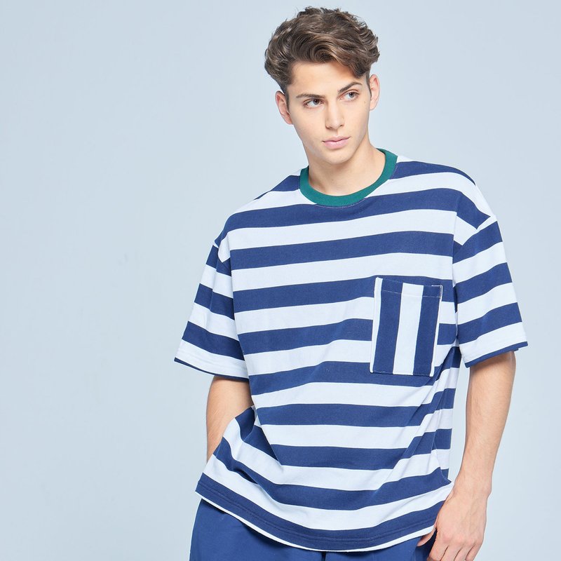 Stone'As STRIPE TEE / 綠領條紋Tee - 男 T 恤 - 棉．麻 藍色