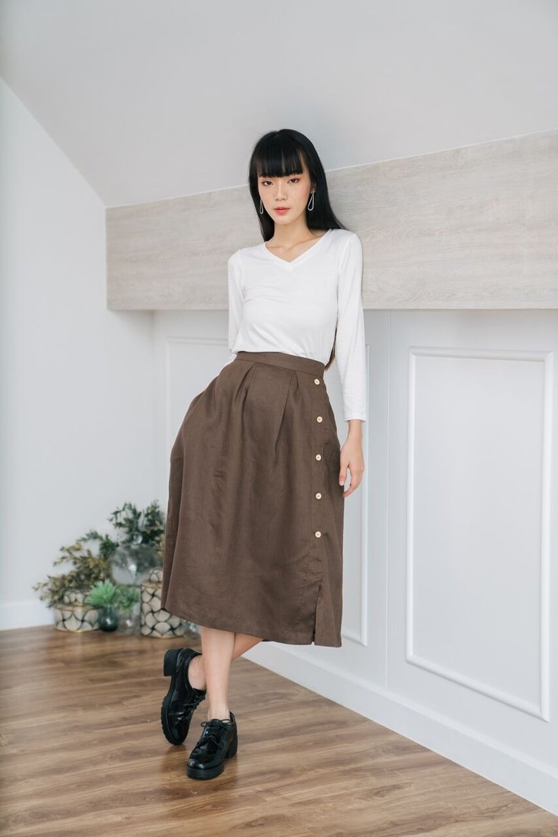 Pleated Long Skirt in Brown - 裙子/長裙 - 亞麻 咖啡色