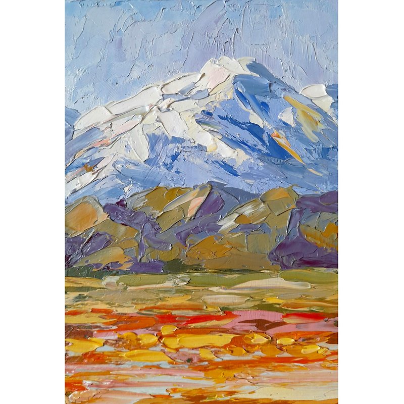 Denali painting snowy mountain original art landscape artwork impasto 5x7 inch - Posters - Other Materials Multicolor