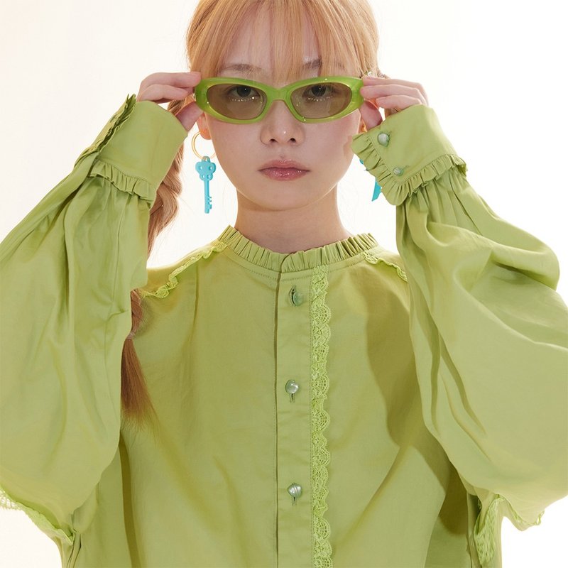 Green cotton lace stitching loose shirt stand collar oversize - เสื้อเชิ้ตผู้หญิง - วัสดุอื่นๆ สีเขียว