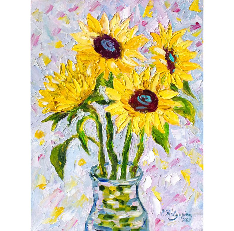 Sunflowers Oil Painting Impasto Original Art Flowers Wall Art Floral Artwork - 海報/掛畫/掛布 - 其他材質 黃色